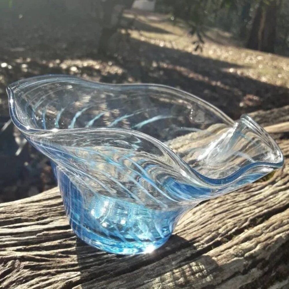 Murano Glass Art Bowl Bubbles Swirls of Blue Glass Clear Signed by Artist italy